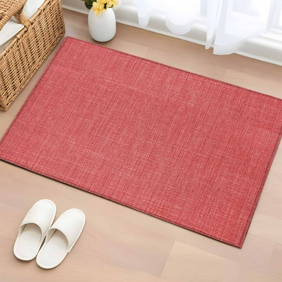 Coral Red Area Rugs 2x3 for Living Room, Farmhouse Burlap Solid Red Color Modern Linen Texture Non Slip Washable Rug Runner, Low Pile Indoor Floor Carpet Mat Bathroom Rugs for Bedroom, Kids Room