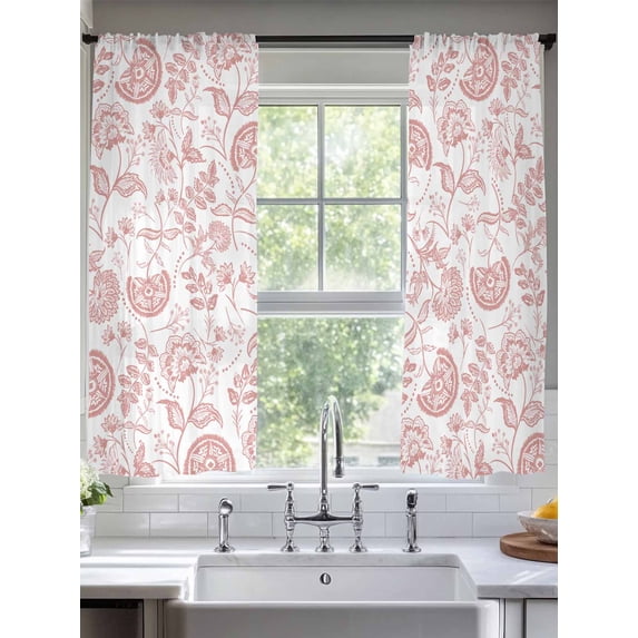 Coral Red Farmhouse Sheer Curtains for Living Room Bedroom Floral Floral Plant Leaf Vintage Spring Sheer Curtains 63 Inch Long 2 Panels Set Light Filtering Curtain Window Treatments Drapes