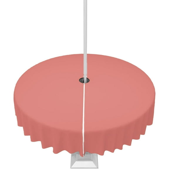 Coral Red Outdoor Tablecloth with Umbrella Hole and Zipper, Solid Color Table Cover for Round Tables Waterproof Tabletop Collection for Patio, Garden, Picnic, Camping 60R