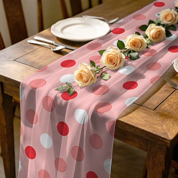 Coral Red Polka Dots 4.5 ft Cheesecloth Table Runner for Wedding 19"x55", Modern Minimalist Geometric Circles Spots Kitchen Dinner Sheer Tulle Chiffon Dresser Scarf, Holiday Party Decorations