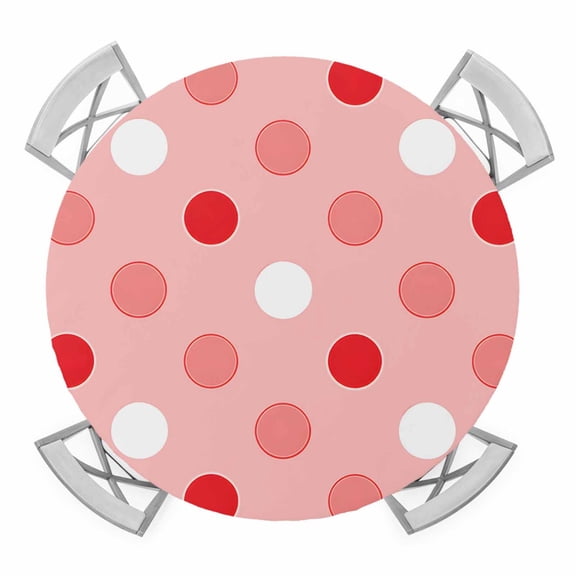 Coral Red Polka Dots Round Table Cover, Modern Minimalist Geometric Circles Spots Waterproof Fitted Tablecloths for 36"-44" Tables, Washable Picnic Table Cover for Camping Dining Indoor Outdoor
