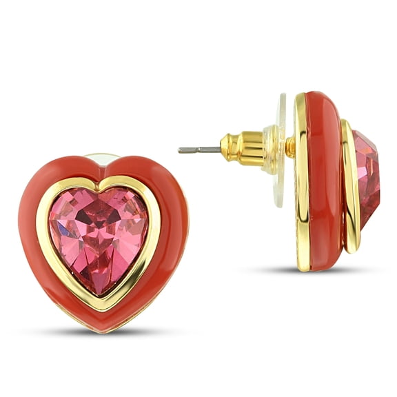 Coral Red Resin Earrings, 14K Gold Plated Heart Earrings 23mm - Retro Stud Earrings, Large Vintage Earrings, Gift for Mom, Love Jewelry for Women
