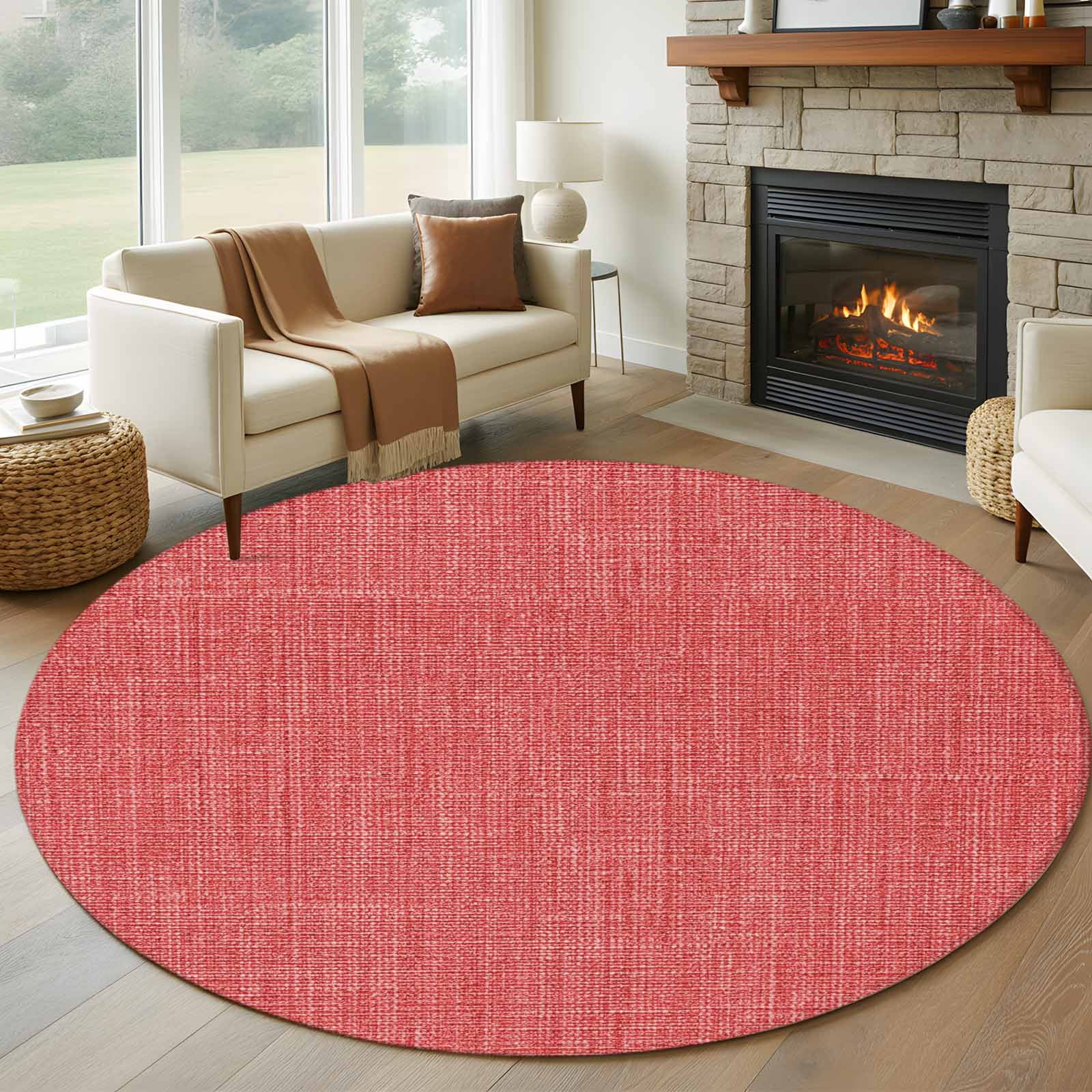 Coral Red Round Rugs 8ft, Farmhouse Burlap Solid Red Color Modern Linen ...