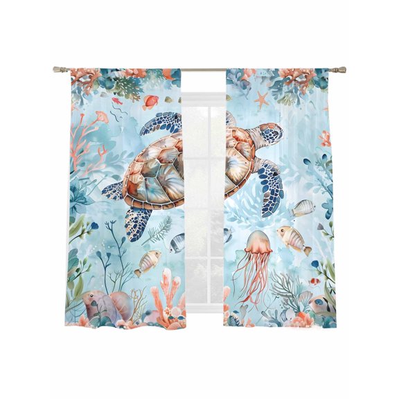 Coral Red Sheer Curtains 72 Inch Long 2 Panels, Blue Ocean Sea Turtles Jellyfish Tropical Fish Light Filtering Rod Pocket Curtains, Sheer Voile Drapes for Living Room Bedroom, 52"x72"