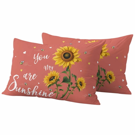 Coral Red Sunshine Sunflower Outdoor Waterproof Pillow Covers, Pastoral Bees Farmhouse Floral Decorative Rectangle Throw Pillowcase Sofa Cushion Sham for Patio/Couch/Chair, 20"x12" 2 Pack