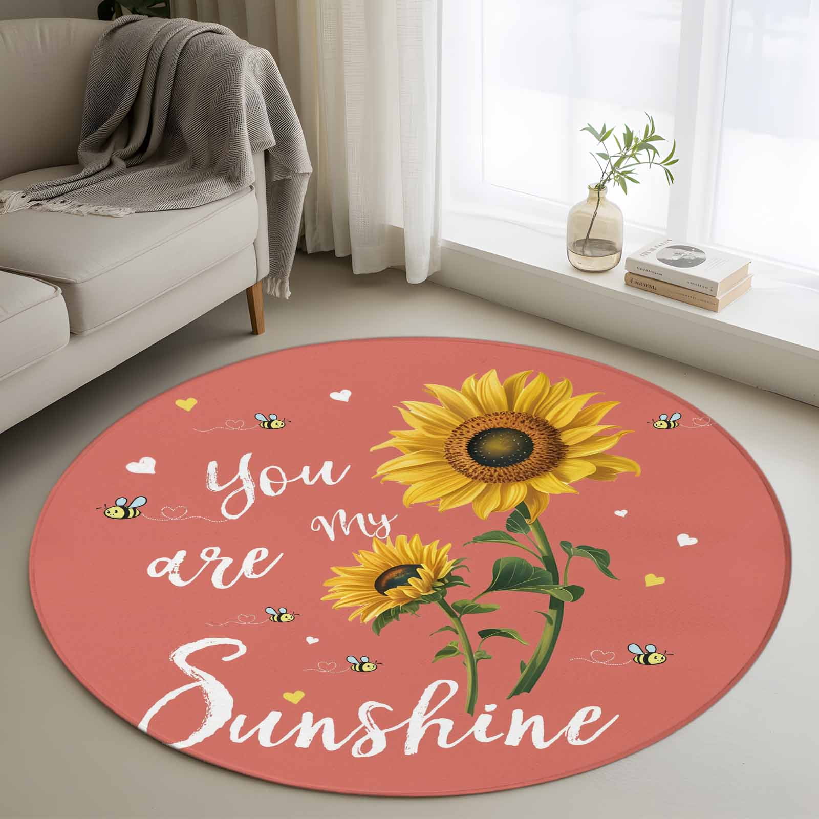 Coral Red Sunshine Sunflower Round Rug 4ft Washable Circle Entryway ...