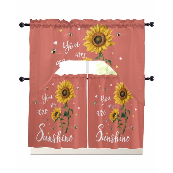 Coral Red Sunshine Sunflower Swag Kitchen Curtains Sets for Windows 24 Inch Length, Pastoral Bees Farmhouse Floral Short Window Curtain Swags Valances and Tiers 3 Piece Set for Cafe/Dining Room