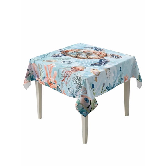 Coral Red Table Cloth 54x54 Inch Square, Blue Ocean Sea Turtles Jellyfish Tropical Fish Waterproof Tablecloth Washable Table Cover for Party Picnic Dinner Decor