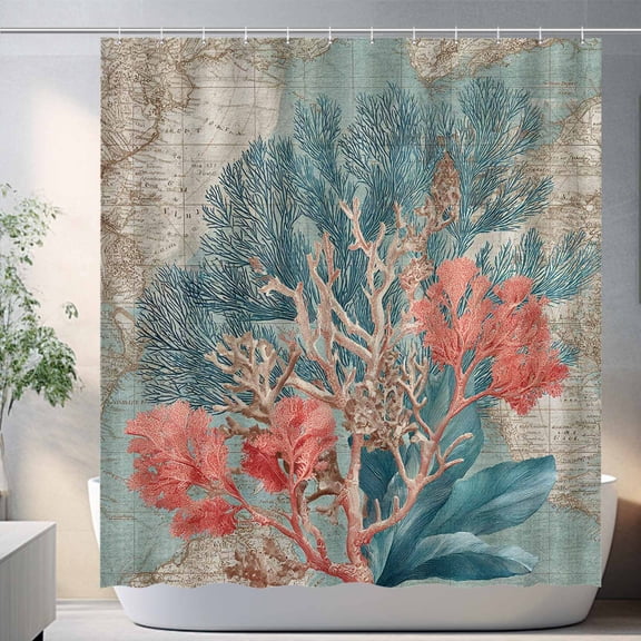 Coral Red Teal Blue Coastal Fabric Shower Curtain, Modern Farmhouse Cottagecore Vintage Ocean Bath Curtains with Hooks, 72x72 Inch Boho Bohemian Antique Sea Coral Bathroom Decor