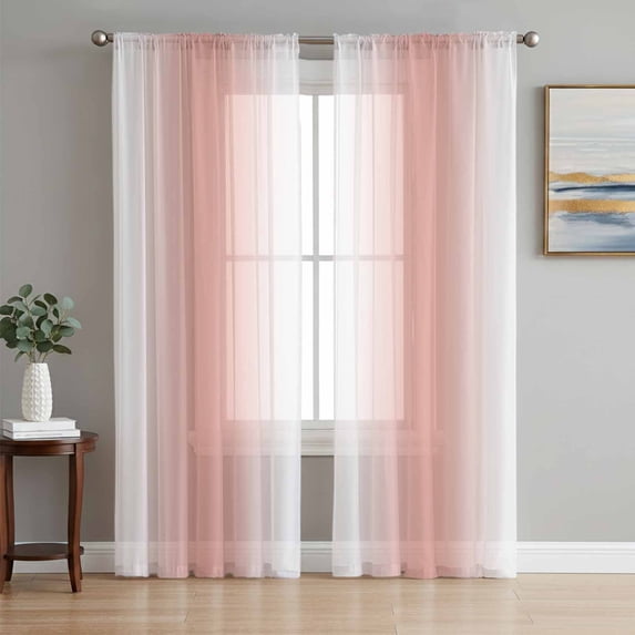 Coral Red White Semi Sheer Window Curtains 108 Inches Long, Modern Gradient Vertical Stripes Geometric Rod Pocket Voile Chiffon Curtain Light Filtering Drapes for Living Room, 52"x108", 2 Panels