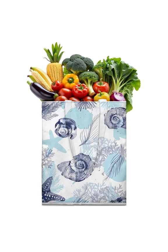 Coral Reef Canvas Tote Bag with Nautical Starfish, Seahorse, and Ocean Creatures Print, Durable Eco-Friendly Reusable Shopping Tote, Lightweight Foldable Handbag for Summer & Travel