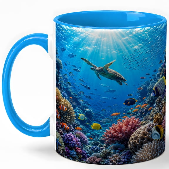 Coral Reef Coffee Mug, Sea Turtle Tropical Ocean Life Design, 11 oz Ceramic Cup