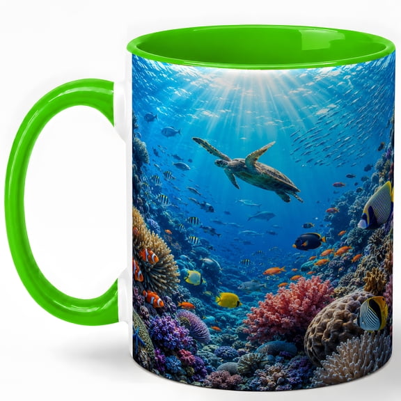 Coral Reef Coffee Mug, Sea Turtle Tropical Ocean Life Design, 11 oz Ceramic Cup