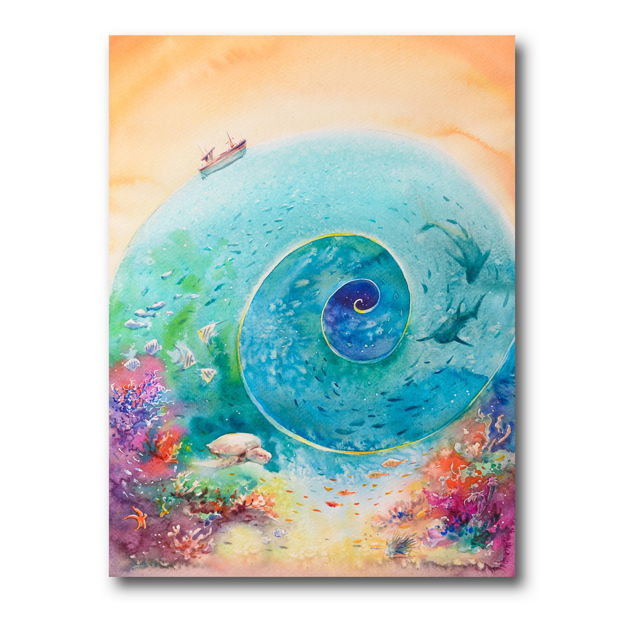 Coral Reef Fishes With Turquoise Ocean Spiral 12 in x 8 in Painting Canvas Art Print, by Designart