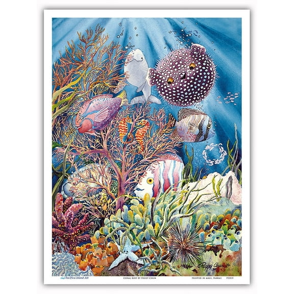 Coral Reef - Hawaiian Fish (Iʻa) - From an Original Hawaii Watercolor Painting by Peggy Chun - Master Art Print (Unframed) 9in x 12in