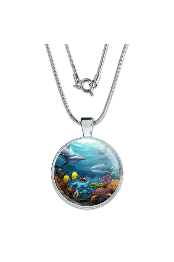 Coral Reef Ocean Scene Dolphin Turtle Shark Stingray Fish 1" Pendant with Sterling Silver Plated Chain
