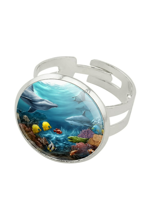 Coral Reef Ocean Scene Dolphin Turtle Shark Stingray Fish Silver Plated Adjustable Novelty Ring