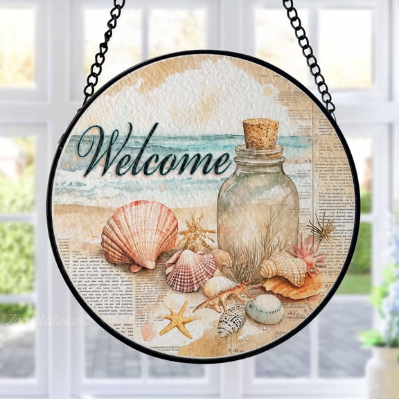 Seashell Beach Stained Glass Suncatcher Metal Outdoor Decor Watercolor Coastal Multi-Color