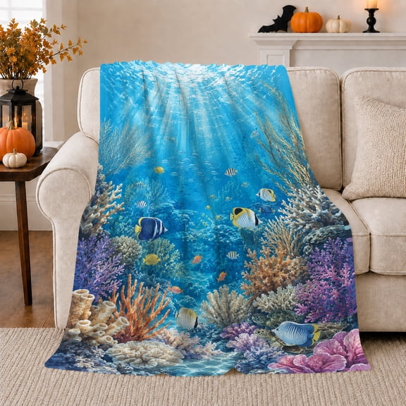 Coral Reef with Tropical Fish and Clear Blue Water, Underwater Ocean Art for Sea Lovers, Birthday Gift, Soft Flannel Blanket for Bedroom, Vivid Ocean Home Decor