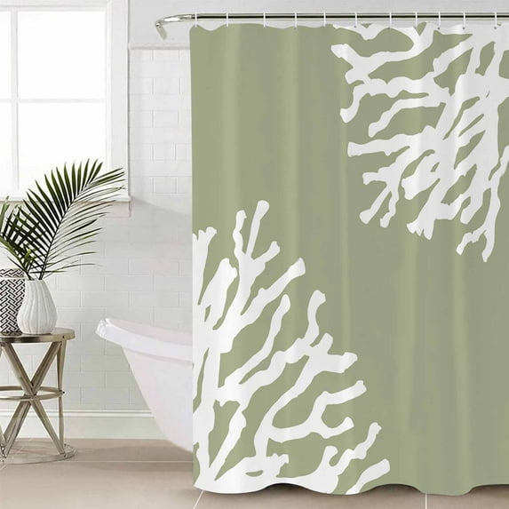 Coral Sage Green Bathroom Curtain 72 Inch Shower Curtain with Hooks, Coastal White Ocean Marine Nautical Beach Waterproof Polyester Bath Curtain Washable Bathtub Curtain 66''x 72''