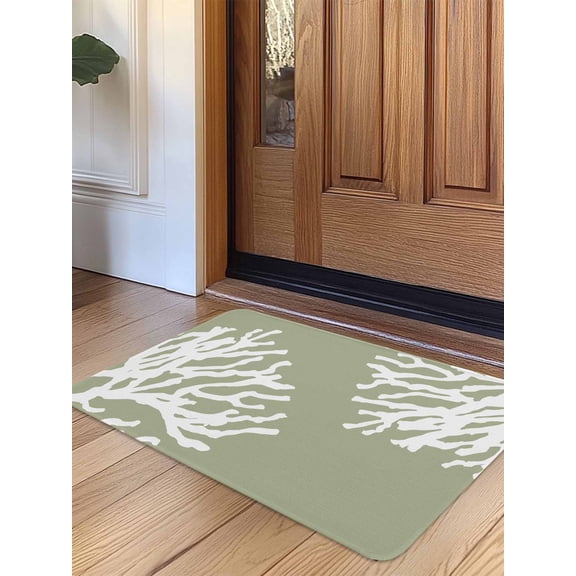 Coral Sage Green Door Mat Indoor Outdoor Entrance,Non Slip Small Rug for Kitchen Bathroom Entryway Rug,Coastal White Ocean Marine Nautical Beach Washable Doormat Floor Mat 16x24 Inch