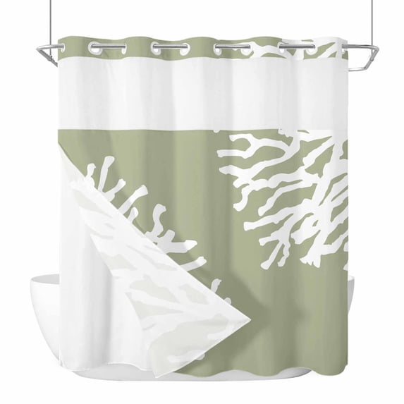Coral Sage Green No Hook Shower Curtain Waterproof,Bathroom Curtains with Snap in Liners and See Through Top Window,Coastal White Ocean Marine Nautical Beach Hotel Bathtub Curtains Shower 66"Wx72"L