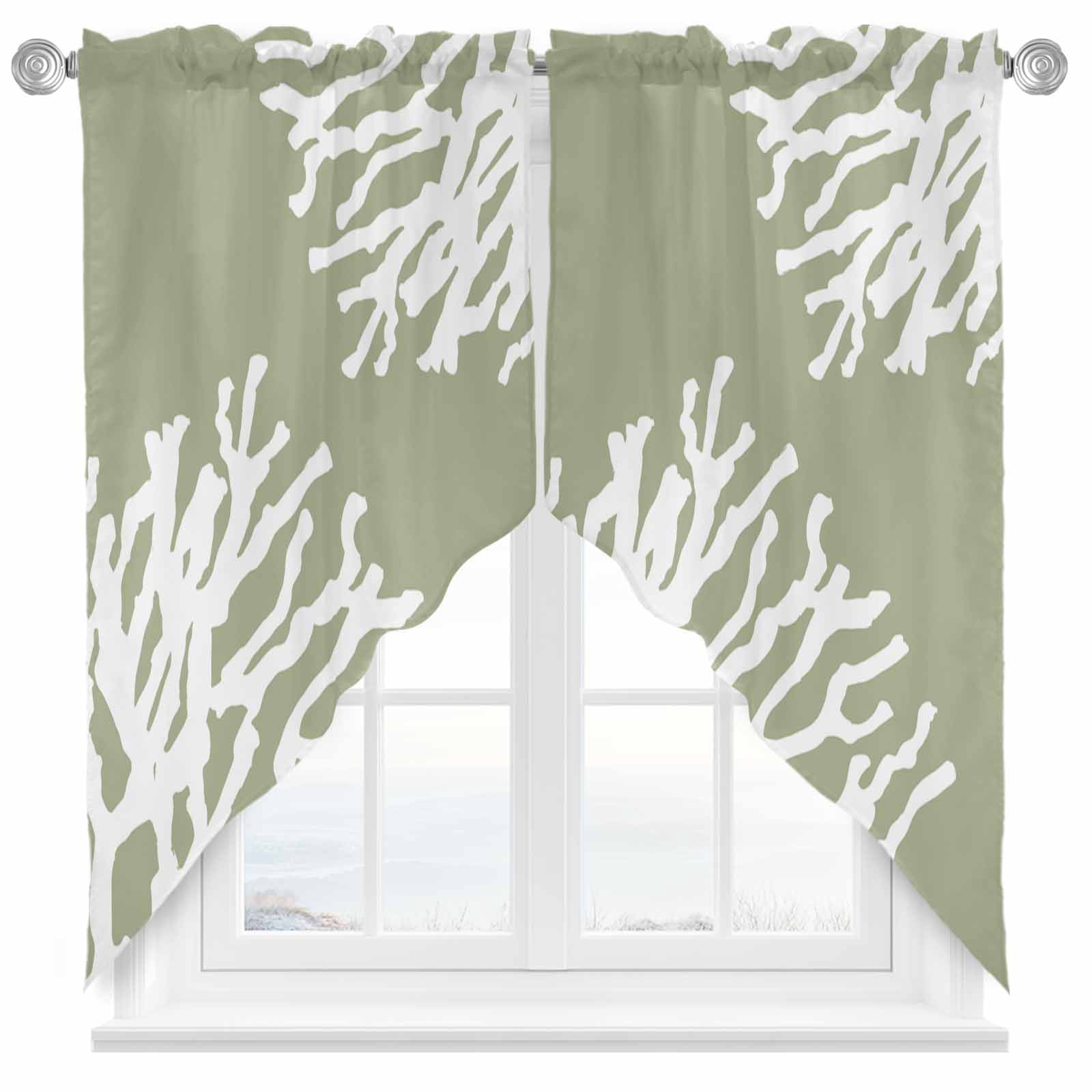 Coral Sage Green Swag Curtains Valance For Kitchen Windows, Coastal ...