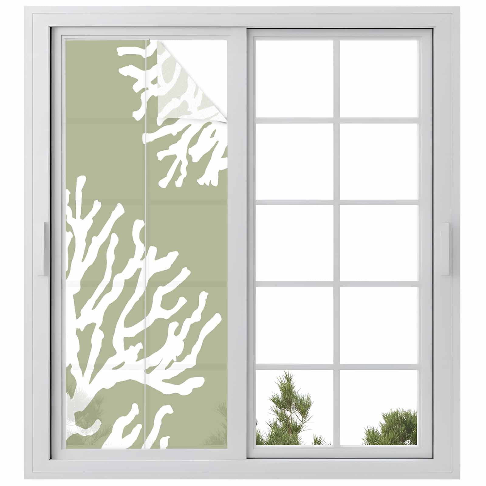 Coral Sage Green Window Privacy Film, Coastal White Ocean Marine Nautical Beach Static Cling UV Sun Blocking Heat Control Window Tint, Non-Adhesive One Way Windows Privacy Cover 23.6''x59''