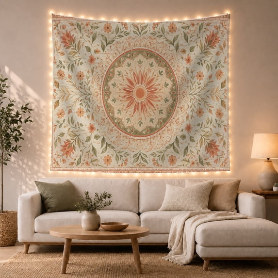Coral and Sage Sunburst Mandala on Beige Background, Calming Boho for Meditation Enthusiasts, Earthy Geometric Wall Art, Housewarming Gift, Tapestry Wall Hanging for Bedroom and Living Room