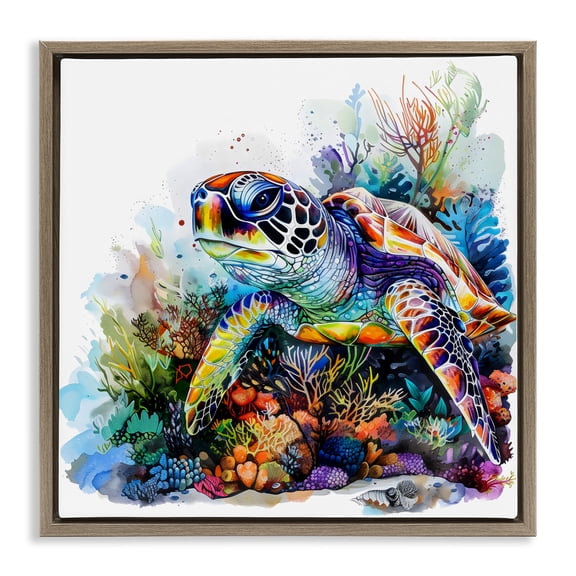Stupell Industries Coral Sanctuary Sea Turtle Brown Framed Floater Canvas Wall Art, design by LSR Design Studio, 18 x 18