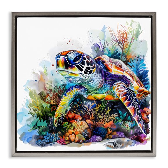 Stupell Industries Coral Sanctuary Sea Turtle Gray Framed Floater Canvas Wall Art, design by LSR Design Studio, 18 x 18