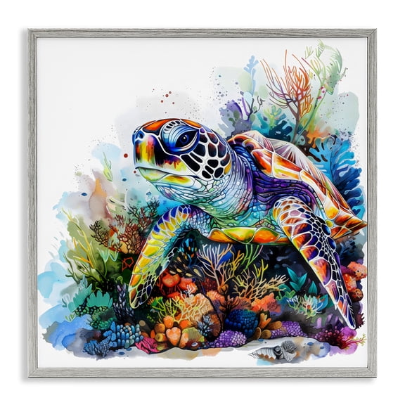 Stupell Industries Coral Sanctuary Sea Turtle Gray Framed Giclee Art, design by LSR Design Studio, 12 x 12
