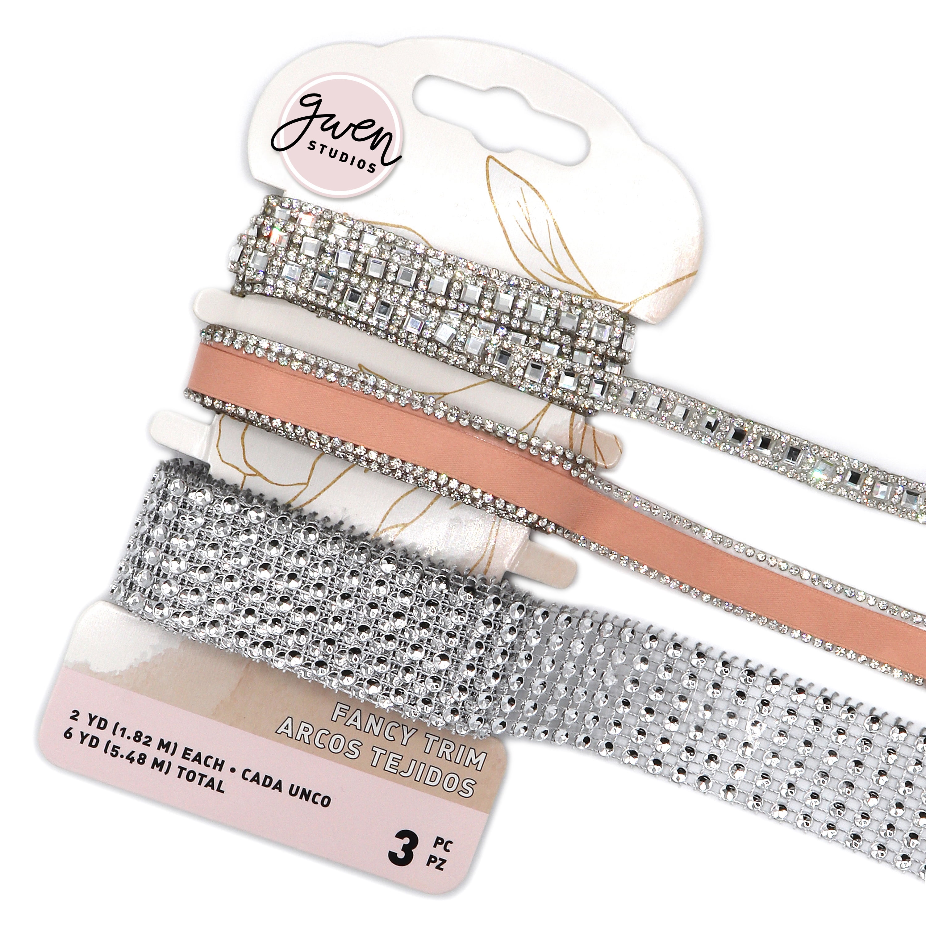 Coral Satin and Rhinestone Trim Embellishment Set, 3 Styles, 6 Yards by Gwen Studios