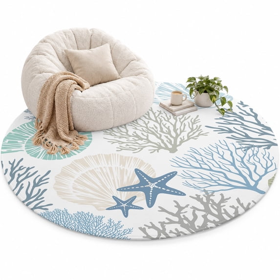 Coral Sea Snail Starfish Area Rug 6', Green Blue Costal Pattern Soft ...