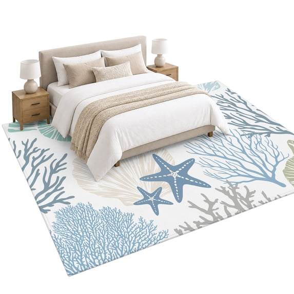 Coral Sea Snail Starfish Area Rug 6'x9', Green Blue Costal Pattern Soft ...