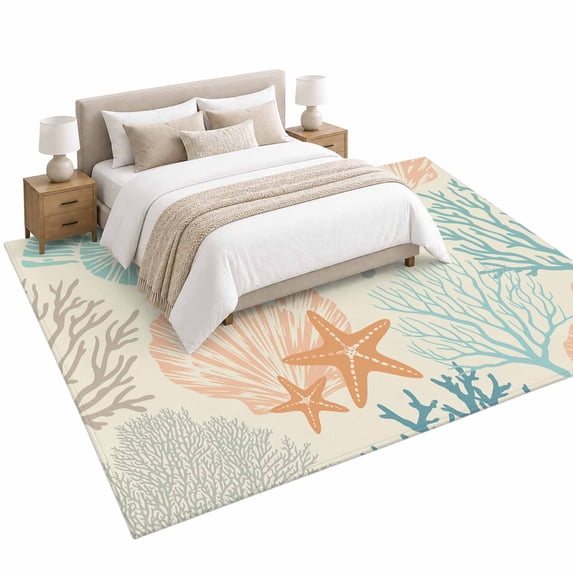 Coral Sea Snail Starfish Area Rug 6'x9', Green Orange Costal Pattern ...