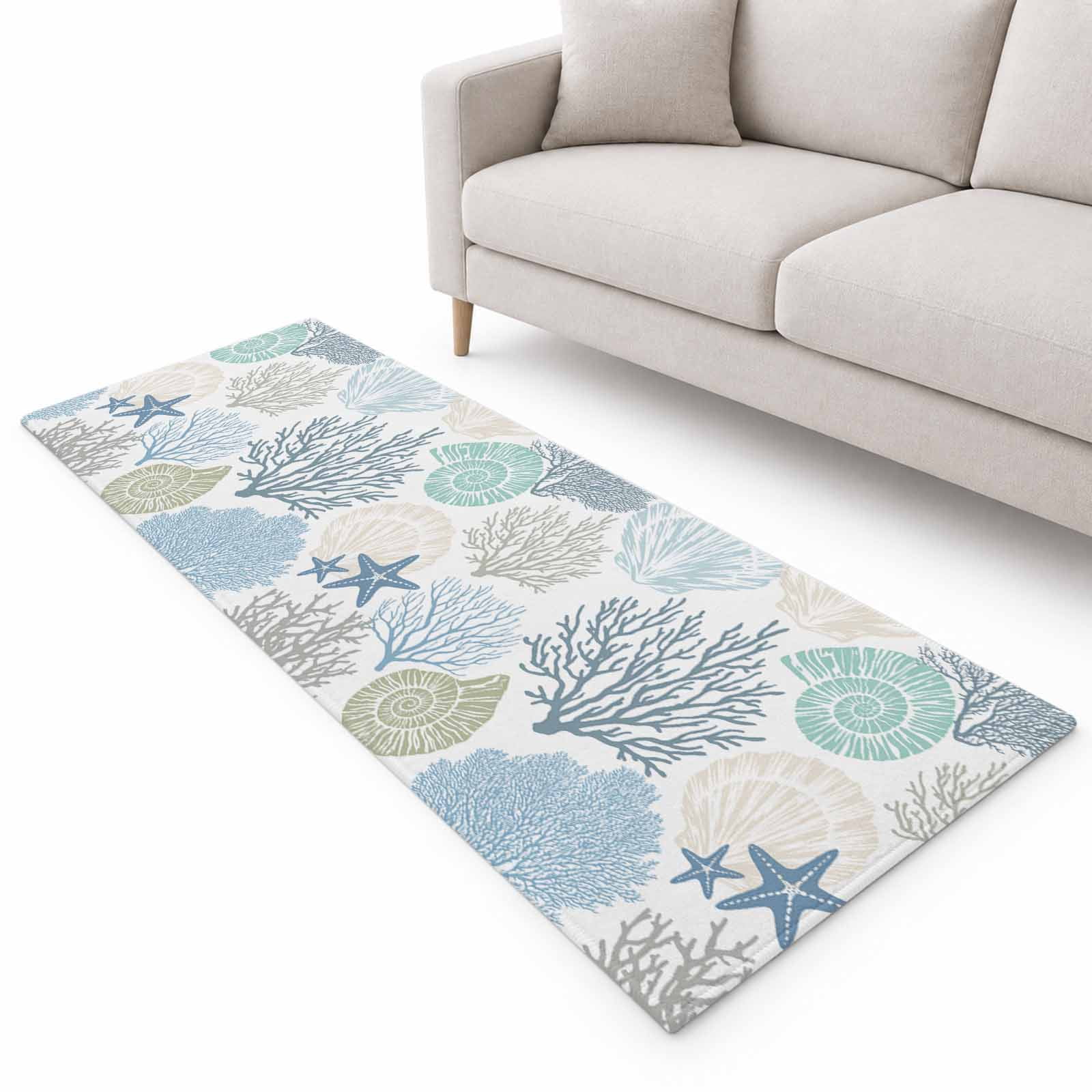 Coral Sea Snail Starfish Runner Rug 2'x6', Green Blue Costal Pattern ...