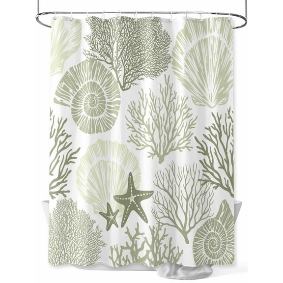 Coral Sea Snail Starfish Shower Curtain Set ,Waterproof Fabric Shower Curtains Green White Costal Pattern Shower Curtains for Bathroom,Bathroom Decor 36"x72"