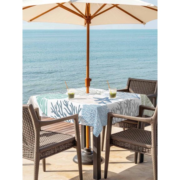 Coral Sea Snail Starfish Square Tablecloths, Green Blue Costal Pattern Waterproof Polyester Table Cloth, Reusable Spillproof Table Cover for Kitchen Dining Camping Party, 54" x 54"