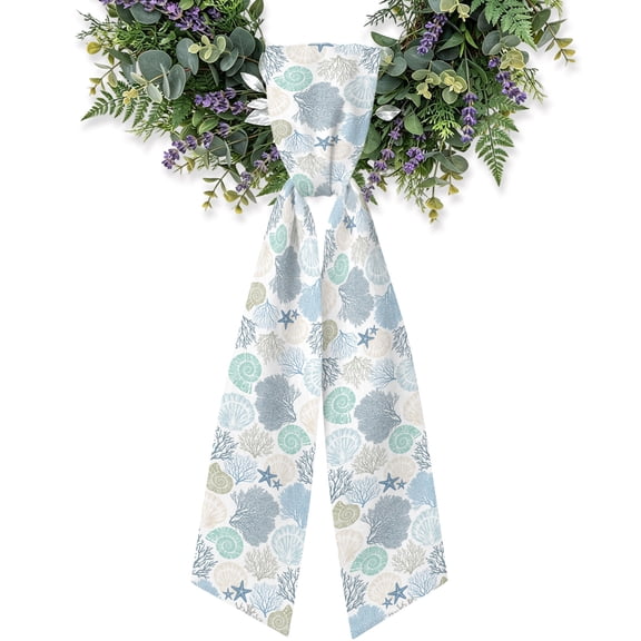 Coral Sea Snail Starfish Wreath Sash for Front Door, Green Blue Costal Pattern 4.5"x56" Ribbon Wreath Sash, Holiday Bow Accessory for Yard Porch Indoor Home Decor