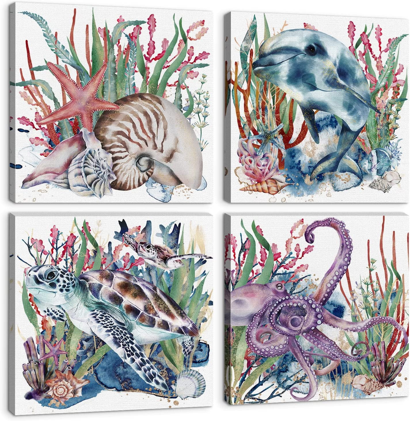 Coral Sealife Wall Art Kids Bathroom Decor Beach Themed Sea Turtle Octopus  Dolphin Shell Colorful Pictures for Toddler Bedroom Nursery Nautical Ocean  ..., image size:1424x1464