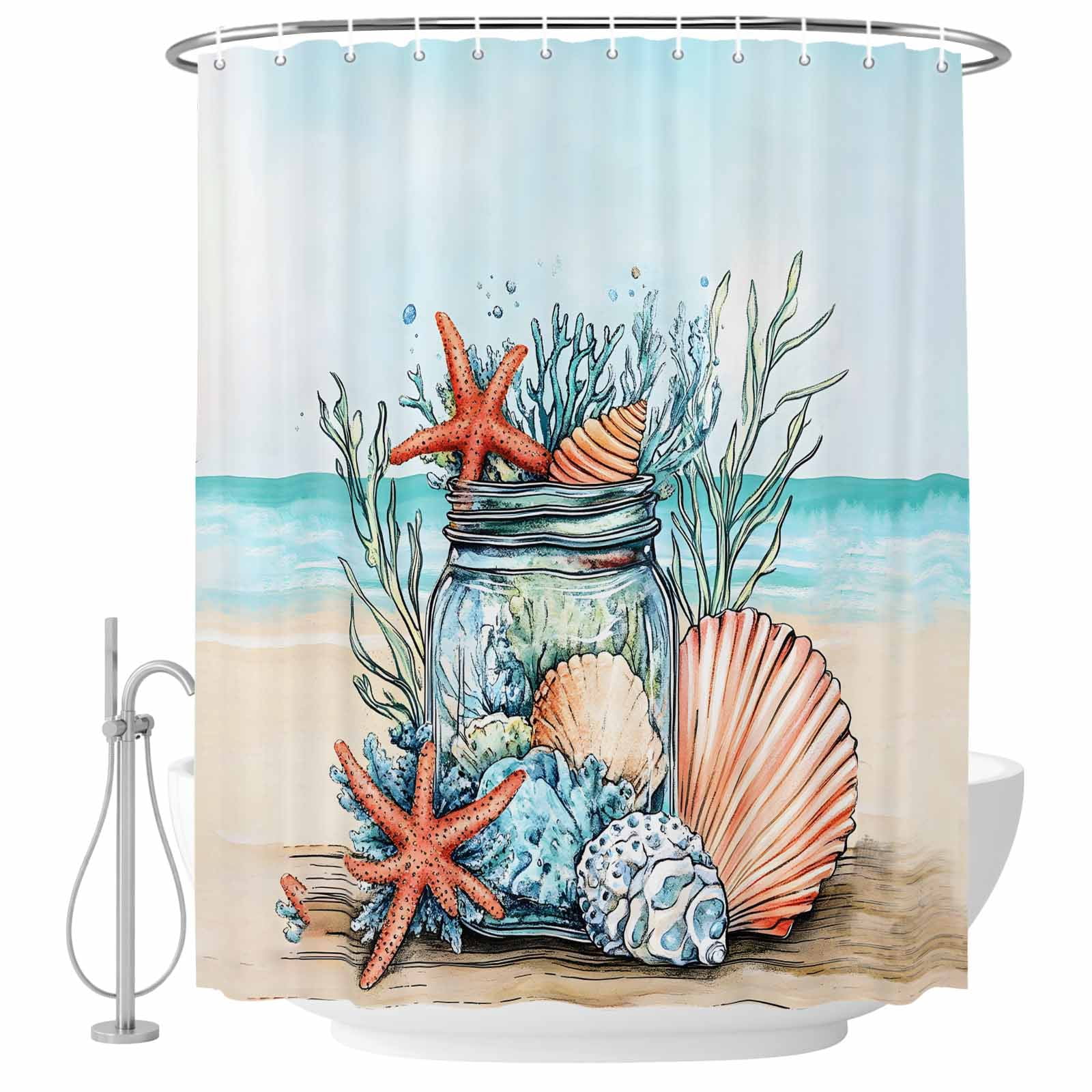 Coral Seashell Starfish Fabric Shower Curtain Beach Washable Shower ...