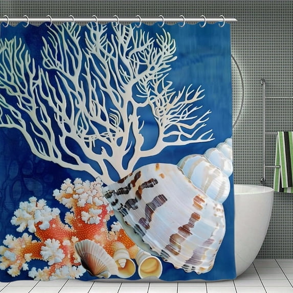 Coral Seashells Beach House Gray Shower Curtain 70.8x70.8 Inch,Bathroom ...