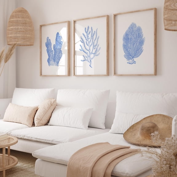 Coral Seaweed Navy Blue Wall Art Beach Gallery Coastal Nautical Decor Version 2 Set 3 Unframed Paper Print 8x12