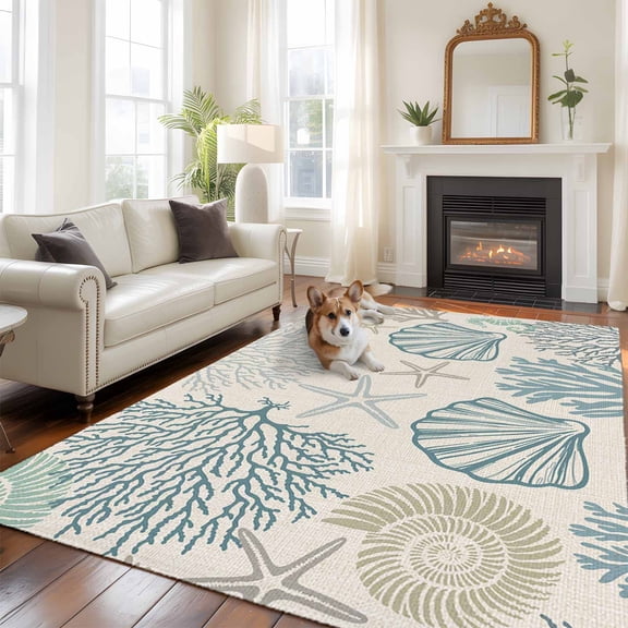 Coral Shell 5x8 Rug for Bedroom Under Queen Bed Placement, Blue Starfish Washable Non Slip Large Rectangle Area Rug