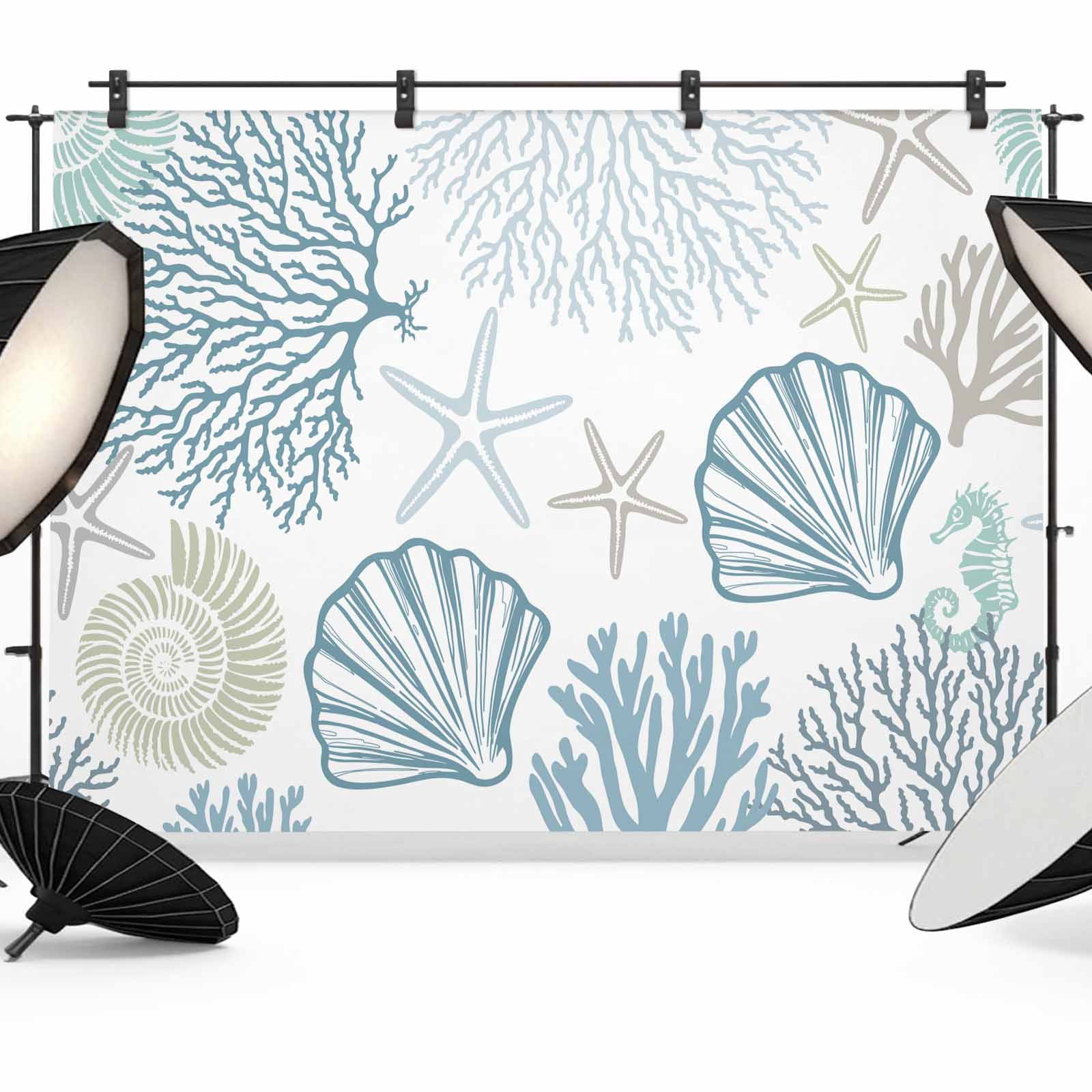 Coral Shell Backdrop for Photography, Starfish Seahorse Blue Ocean ...