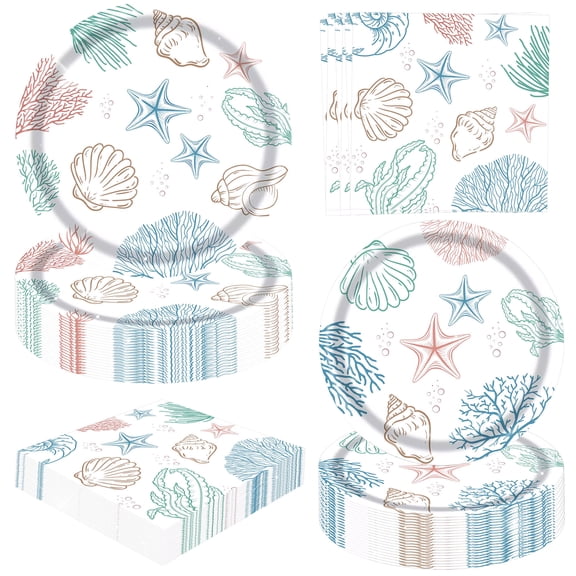 Coral Shell Ocean Theme Party Supplies - Hand-drawn Sea Creature Design Disposable Tableware Set