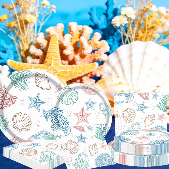 Coral Shell Ocean Theme Party Supplies - Hand-drawn Sea Creature Design Disposable Tableware Set