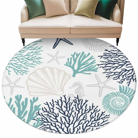 Coral Shell Round Area Rug 5ft Starfish Ocean Non-Slip Washable Circle ...
