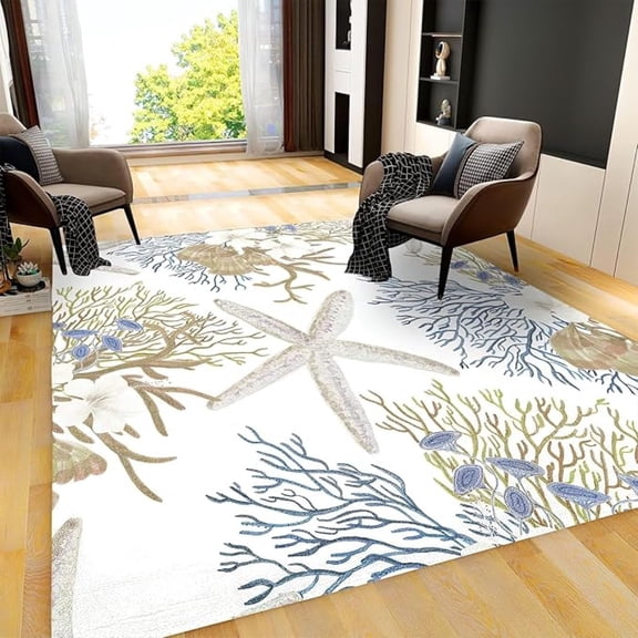 Coral Shell Starfish Area Rug, Coastal Beach Ocean Theme Non Slip Stain Resistant Print Rugs, Soft Machine Washable Carpet For Indoor Bedroom Living Room Office Decor Rug 4x6ft